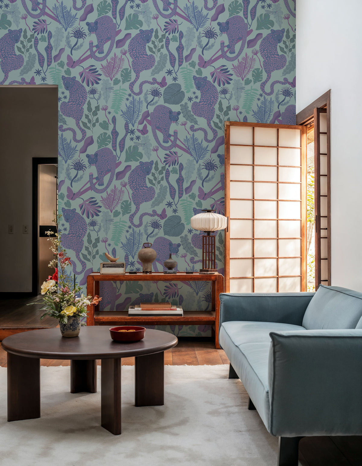 Jungle Leopards Violet & Mint Mural Wallpaper - room preview 03