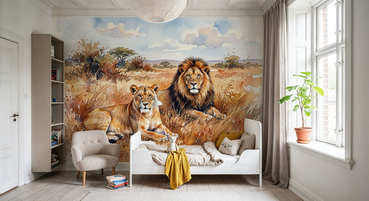 Lions II - Watercolor Predators Series Mural Wallpaper - room preview 03