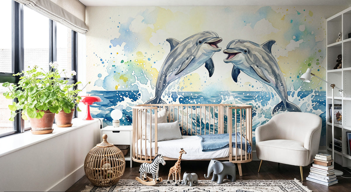Dolphins II - Watercolor Spirit Animals Series Mural Wallpaper - room preview 03