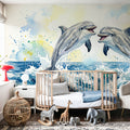 Dolphins II - Watercolor Spirit Animals Series Mural Wallpaper - room preview 03