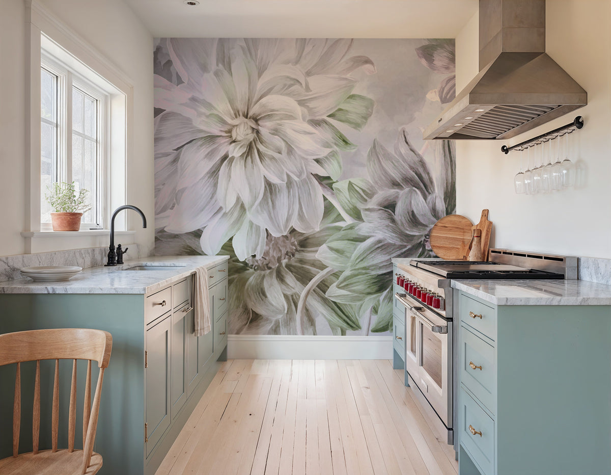 Focus on the Dahlia Light Green Mural Wallpaper - room preview 03