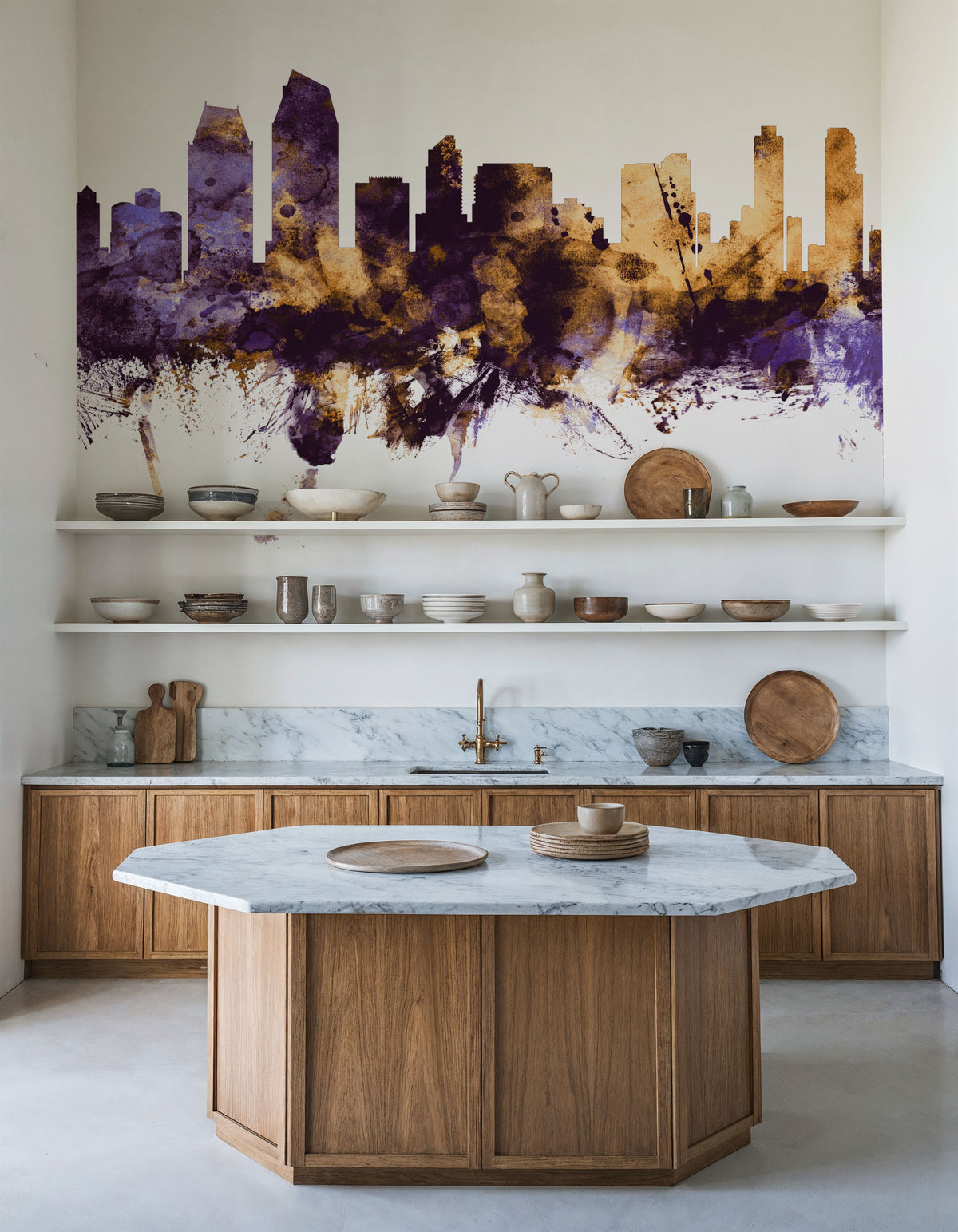 San Diego California Skyline Purple & Gold Mural Wallpaper - room preview 03