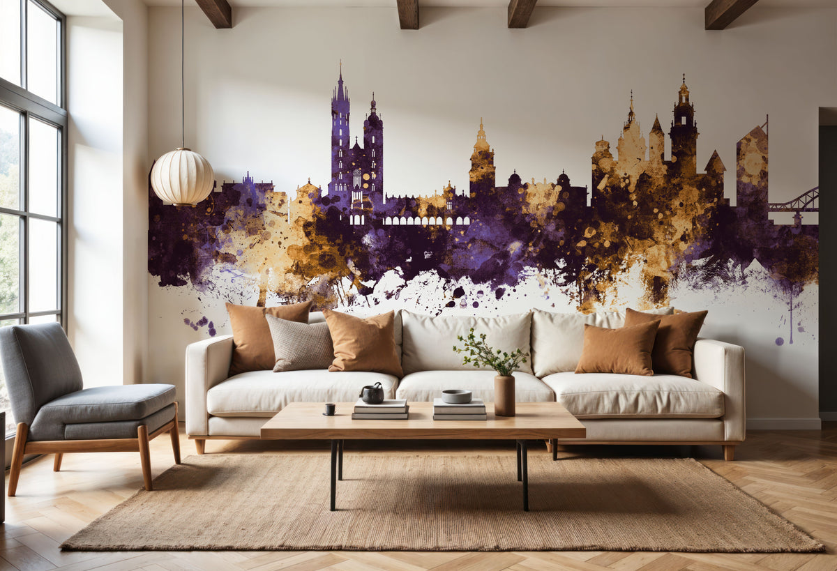 Krakow Skyline Purple & Gold Mural Wallpaper - room preview 03