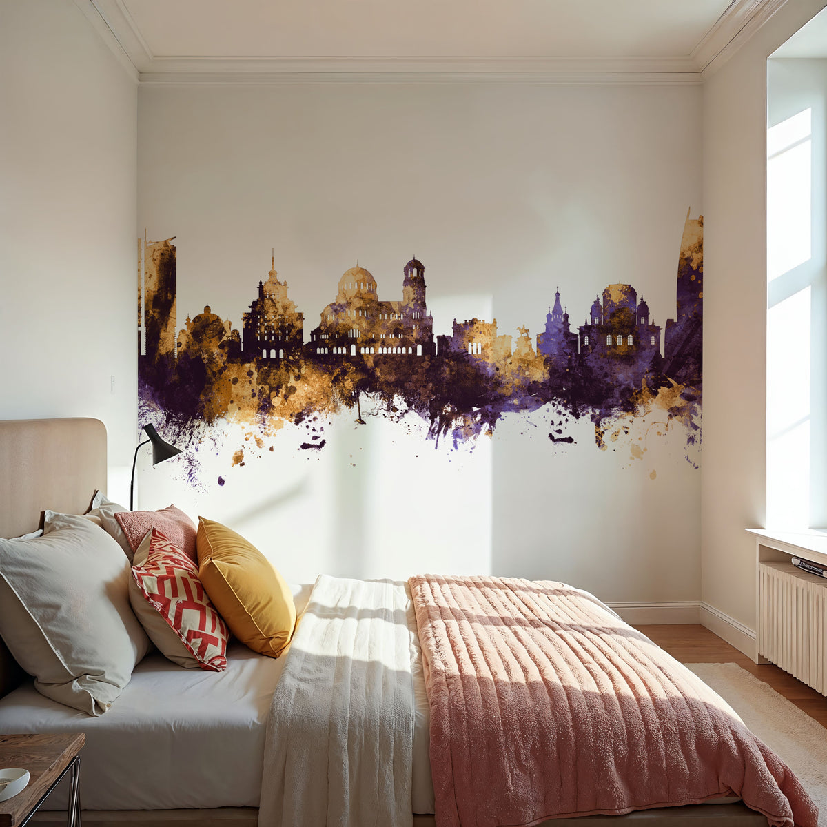 Sofia Bulgaria Skyline Purple & Gold Mural Wallpaper - room preview 03