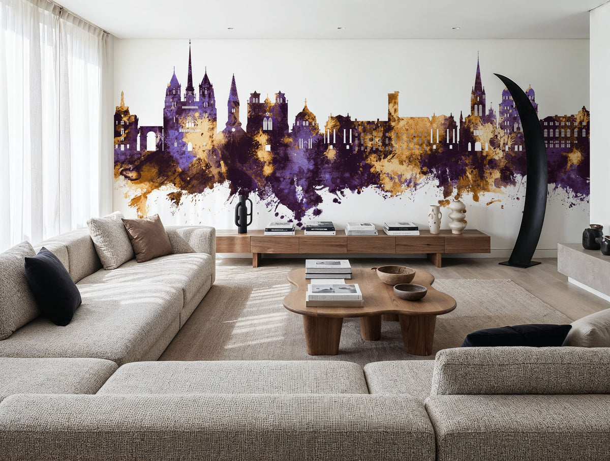 Dijon France Skyline Purple & Gold Mural Wallpaper - room preview 03