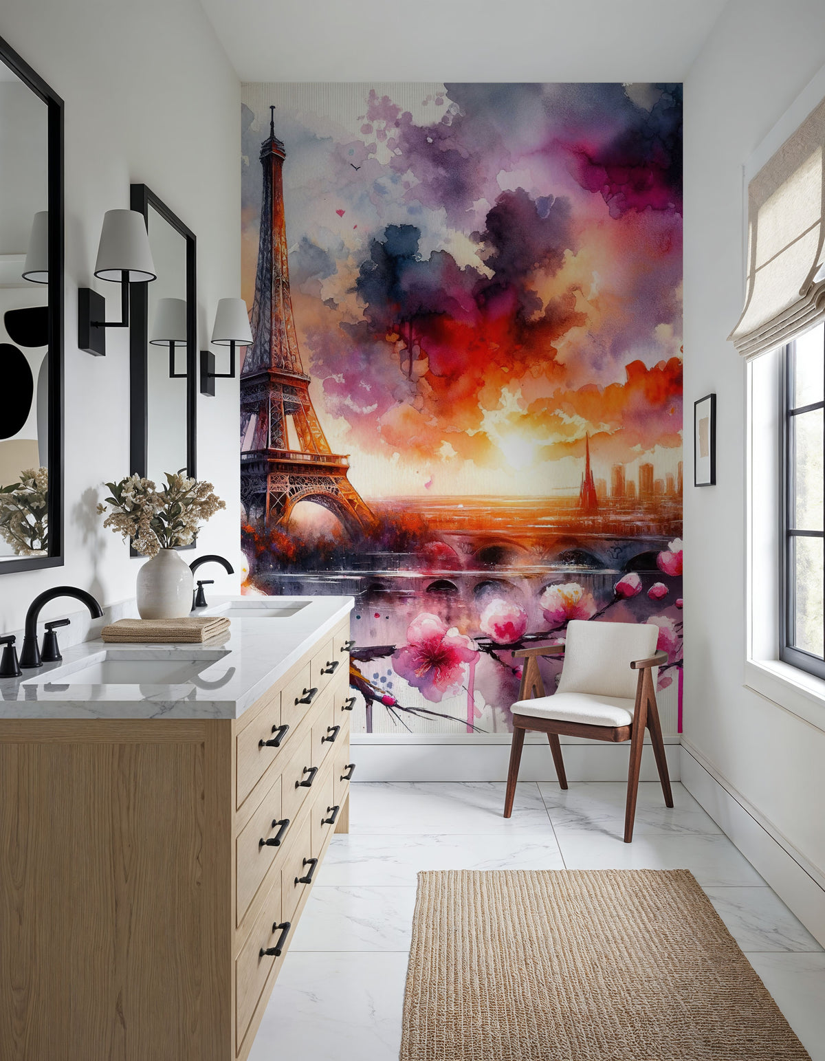 Watercolor Floral Paris Eiffel Tower Mural Wallpaper - room preview 03