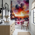 Watercolor Floral Paris Eiffel Tower Mural Wallpaper - room preview 03
