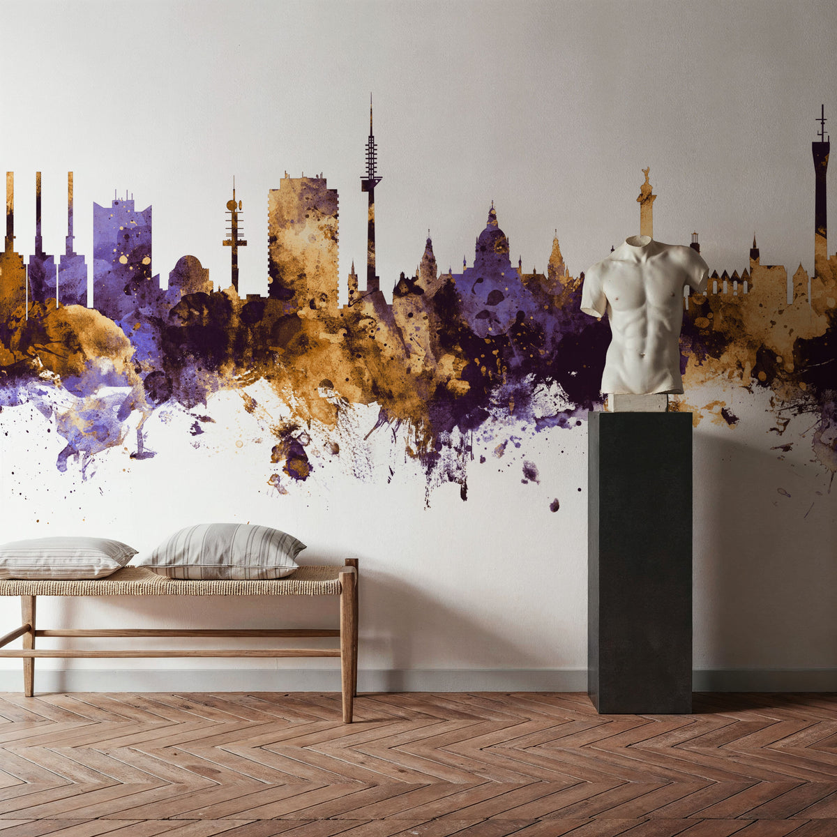Hannover Germany Skyline Purple & Gold Mural Wallpaper - room preview 03