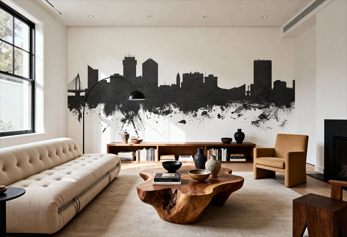 Wichita Kansas Skyline Black & White Mural Wallpaper - room preview 03