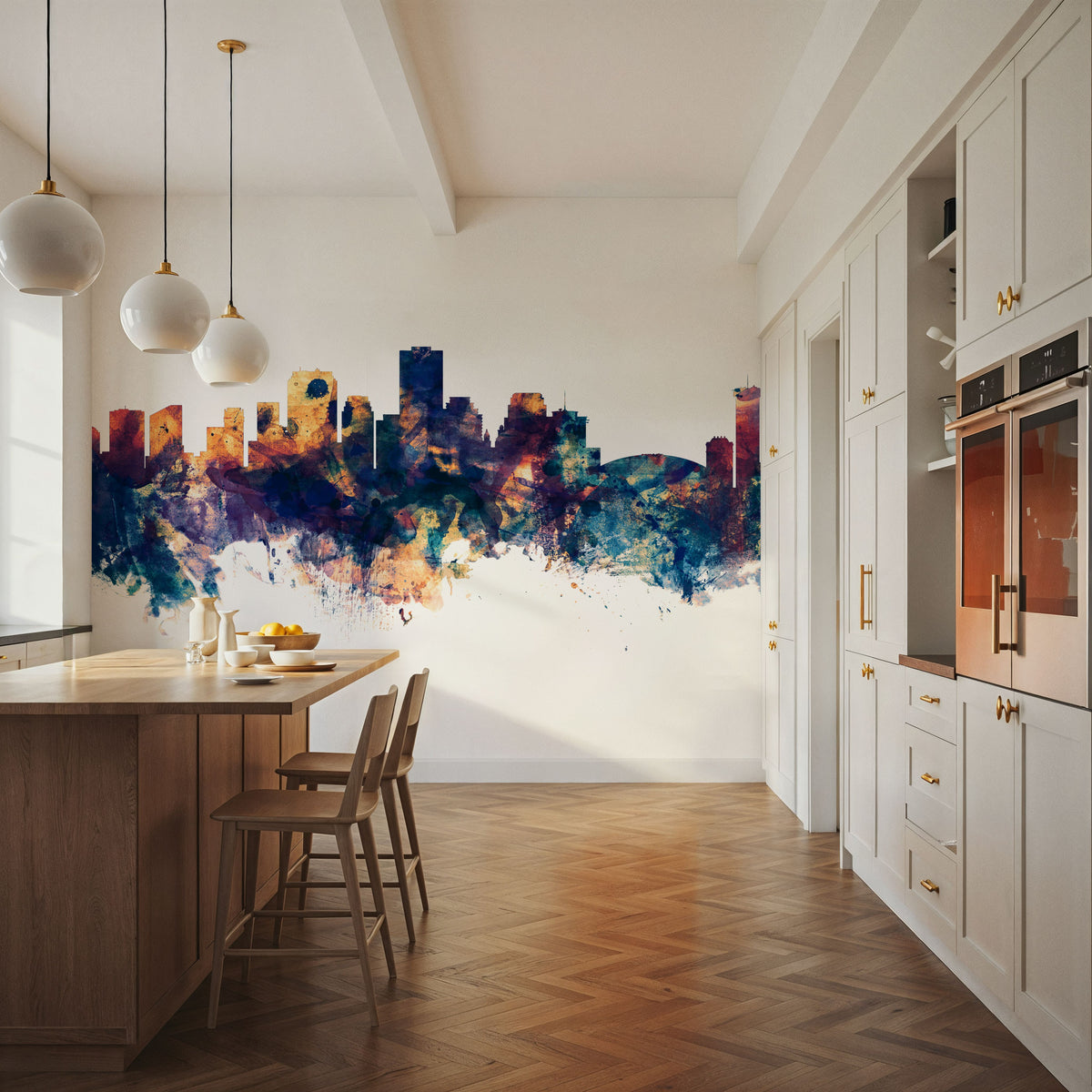 New Orleans Louisiana Skyline Blue & Bronze Mural Wallpaper - room preview 03