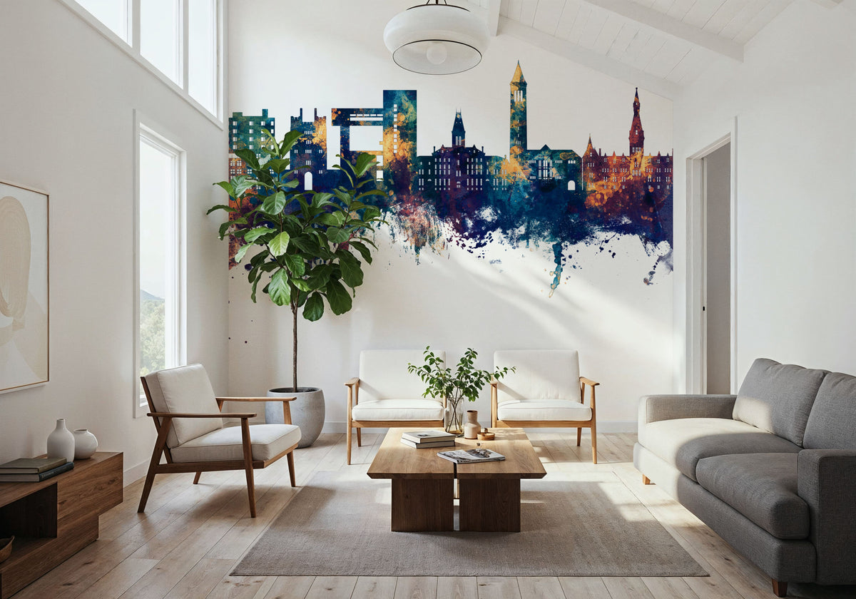 Ithaca New York Skyline Blue & Bronze Mural Wallpaper - room preview 03