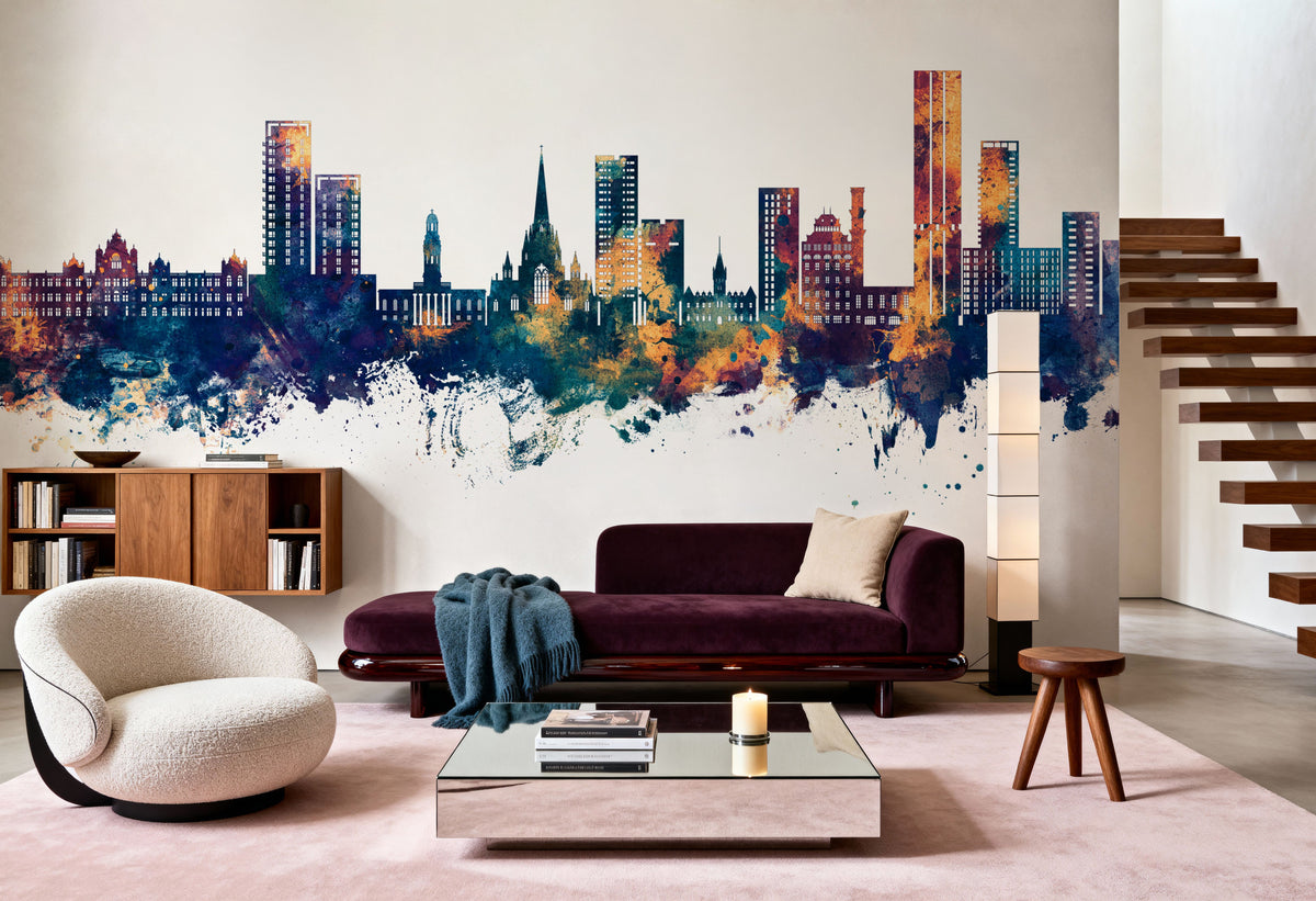 Salford England Skyline Blue & Bronze Mural Wallpaper - room preview 03