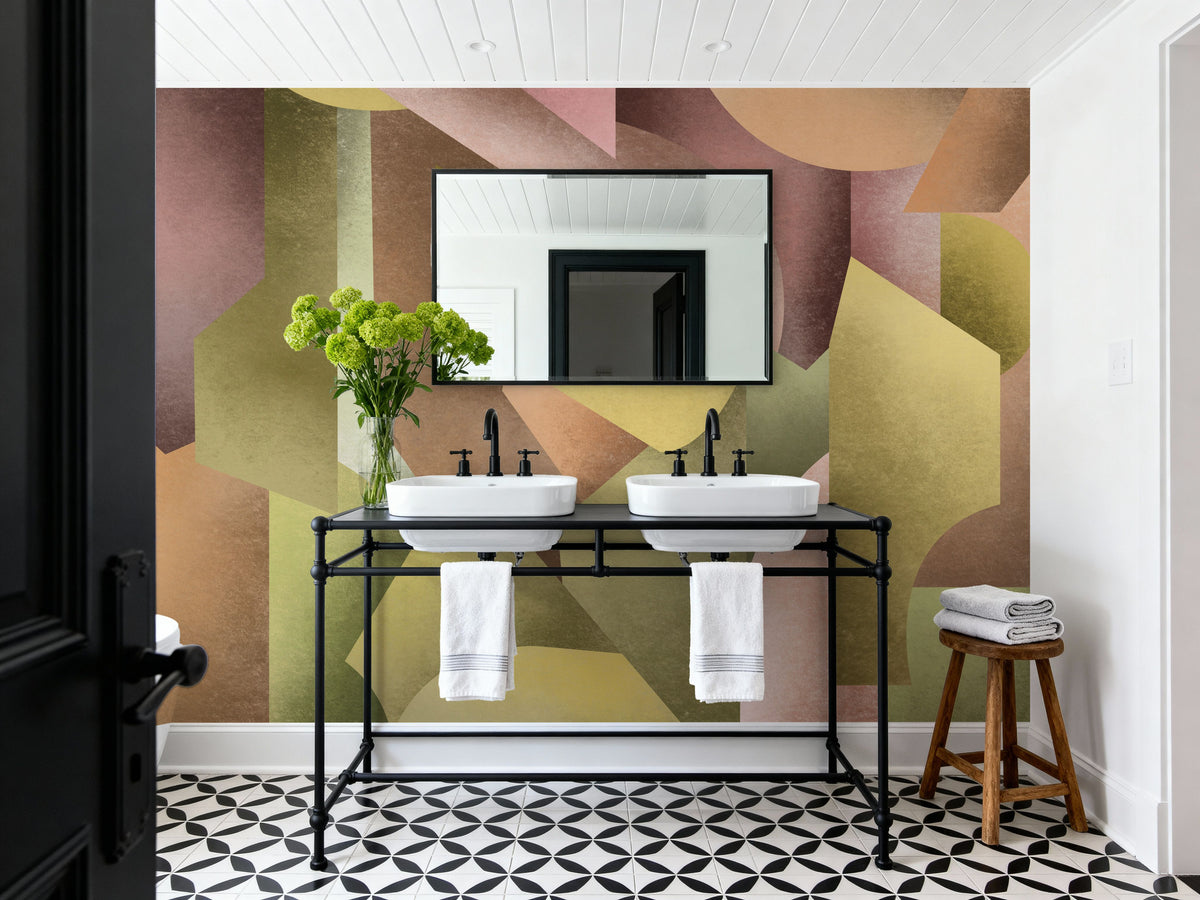 Chalky Geometrica, Spring Green & Rose Mural Wallpaper - room preview 03