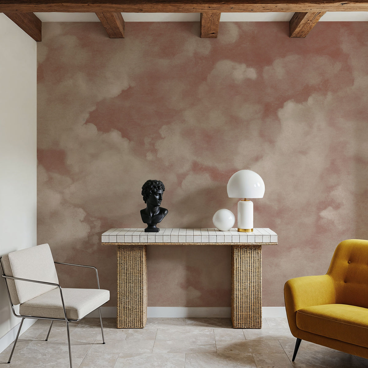 Painted Dreamy Clouds, Dusty Rose Mural Wallpaper - room preview 03