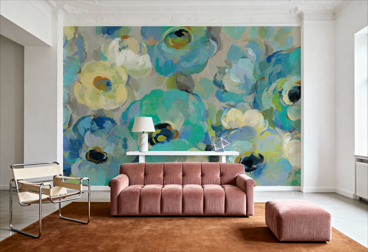 Fresh Teal Flowers Mural Wallpaper - room preview 03