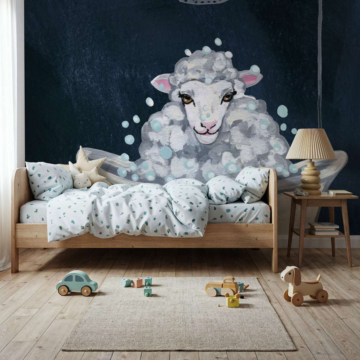 Sheep in Tub and Suds Texture Dark Mural Wallpaper - room preview 03