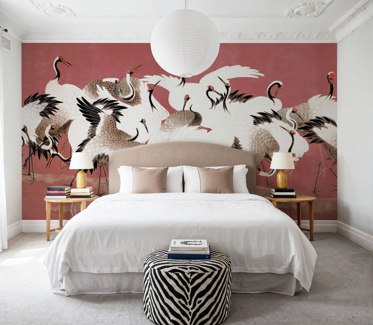 Japanese Flock of Cranes, Coral Blush Mural Wallpaper - room preview 03