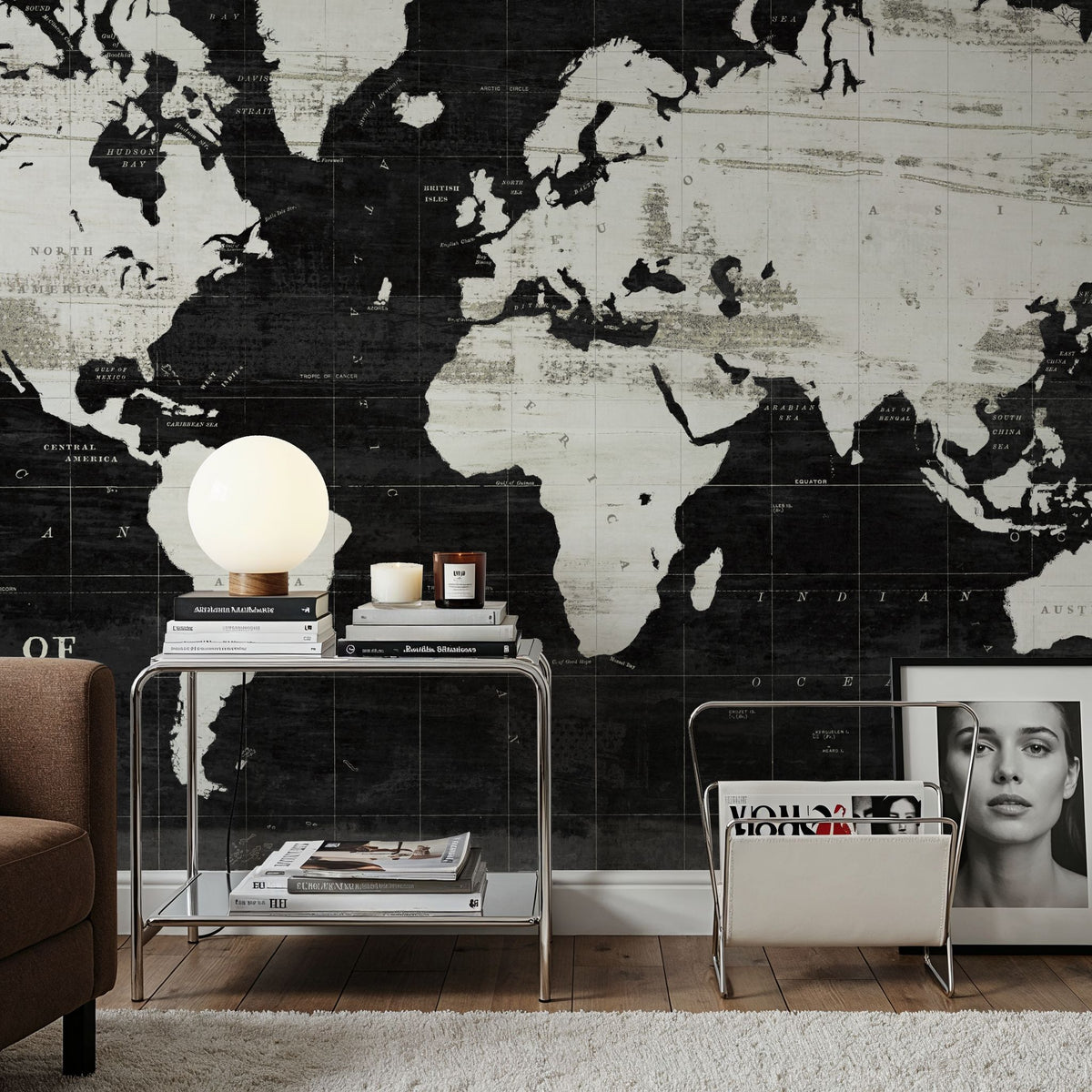 World Map Black Mural Wallpaper - room preview 03