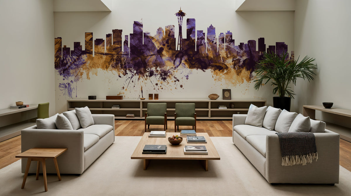 Seattle Skyline Purple & Gold Mural Wallpaper - room preview 03