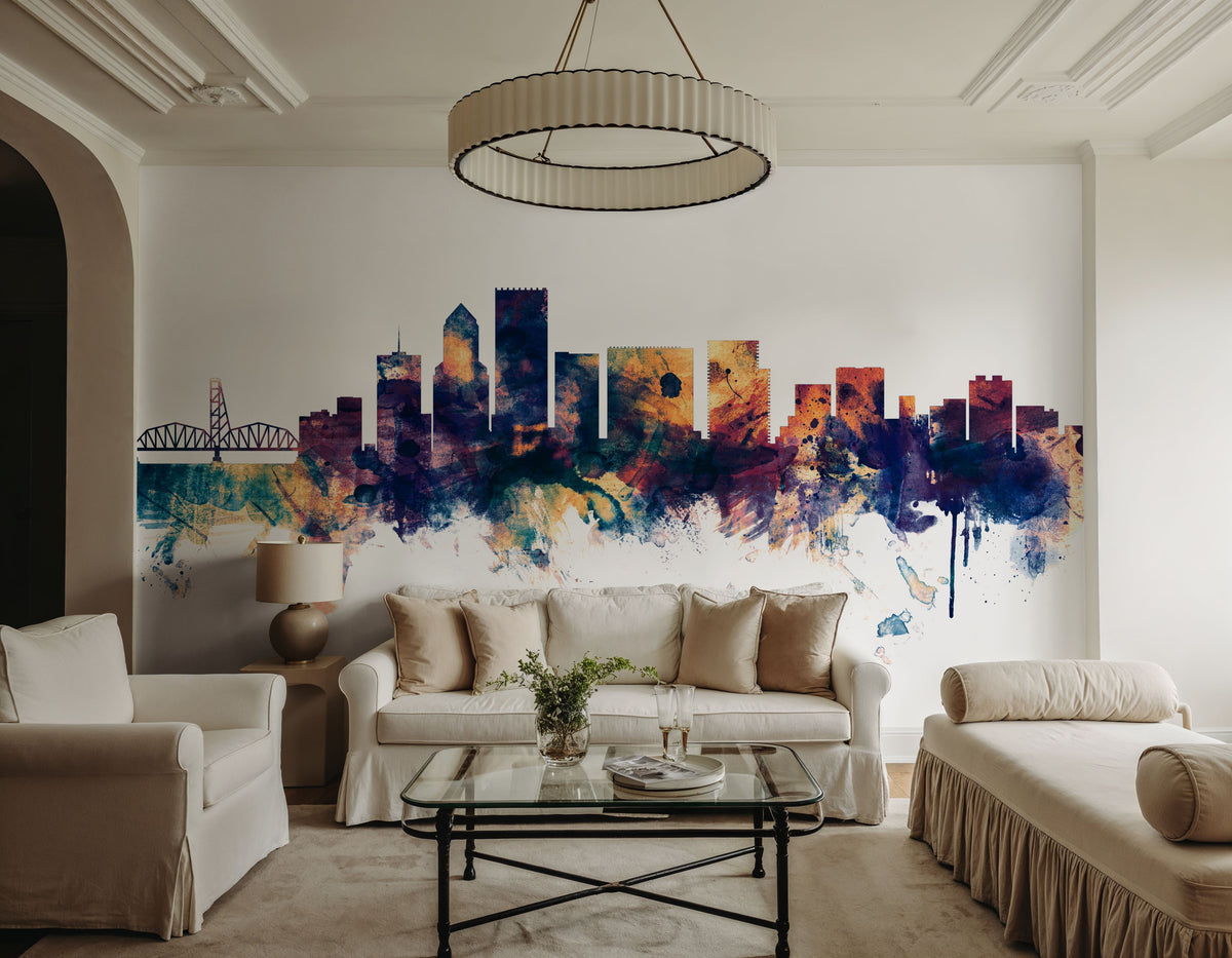 Portland Oregon Skyline Blue & Bronze Mural Wallpaper - room preview 03