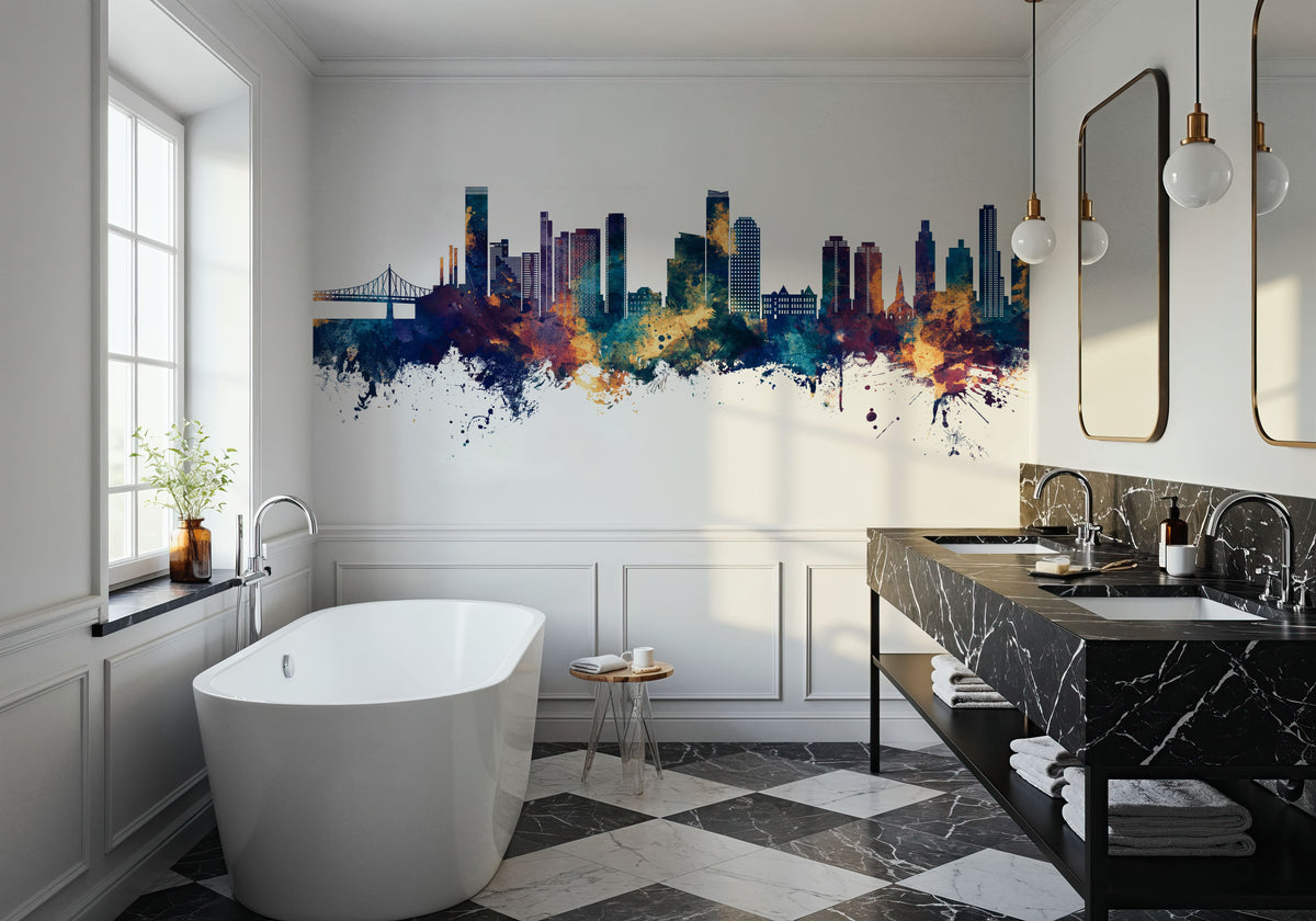 Queens New York Skyline Blue & Bronze Mural Wallpaper - room preview 03