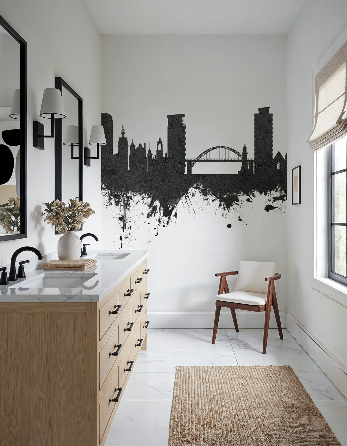 Sunderland England Skyline Black & White Mural Wallpaper - room preview 03