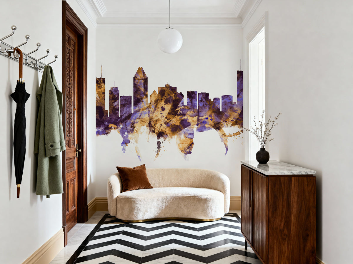 Montreal Canada Skyline Purple & Gold Mural Wallpaper - room preview 03