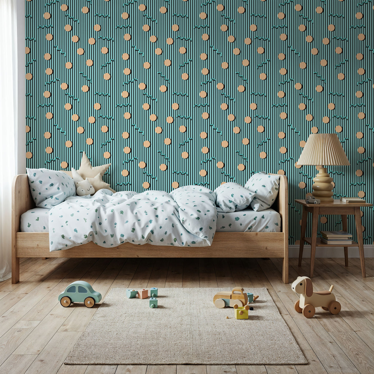 Memphis Dots & Stripes, Cyan Mural Wallpaper - room preview 03