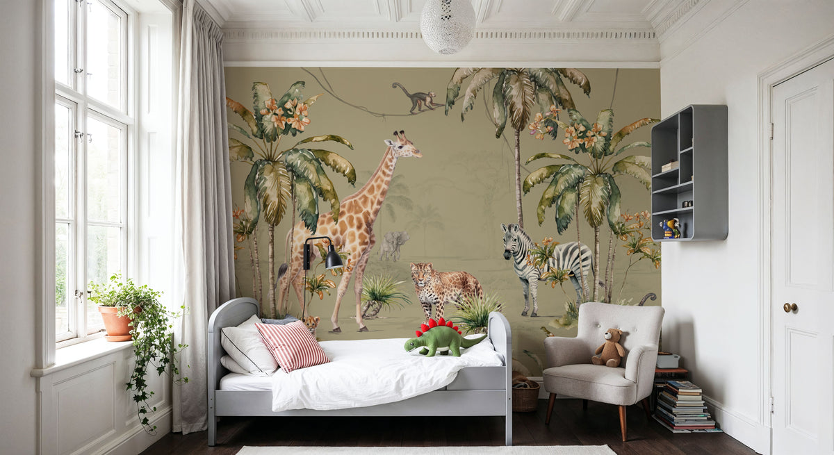 Whimsical Wildlife Sage Mural Wallpaper - room preview 03