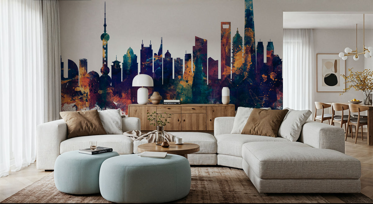 Shanghai China Skyline Blue & Bronze Mural Wallpaper - room preview 03
