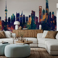 Shanghai China Skyline Blue & Bronze Mural Wallpaper - room preview 03