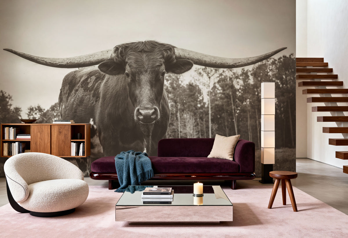 Longhorn Pastures Sepia Mural Wallpaper - room preview 03