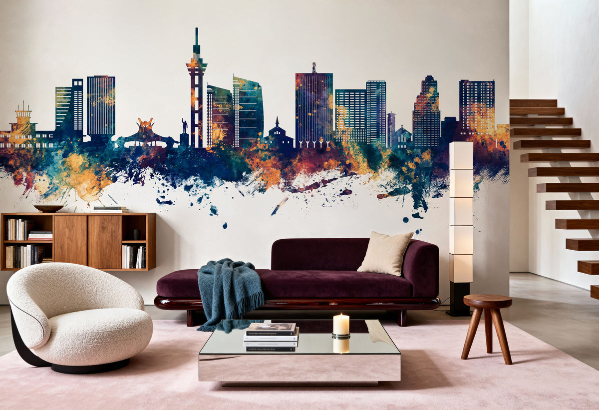 Kinshasa Skyline Blue & Bronze Mural Wallpaper - room preview 03