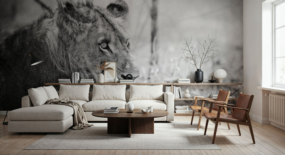 Young Lion BW Mural Wallpaper - room preview 03