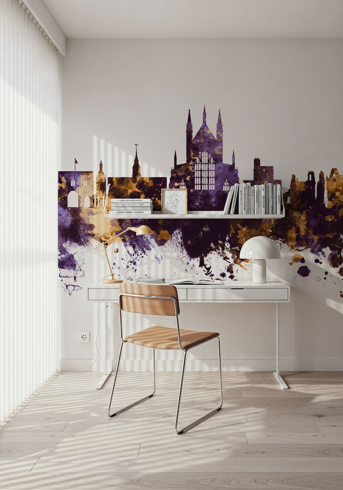 Winchester England Skyline Purple & Gold Mural Wallpaper - room preview 03