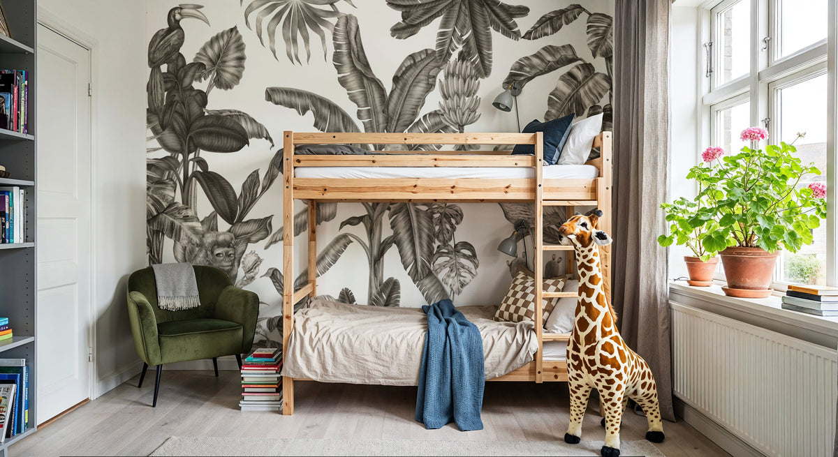 Monkeys with Birds, W&B Mural Wallpaper - room preview 03