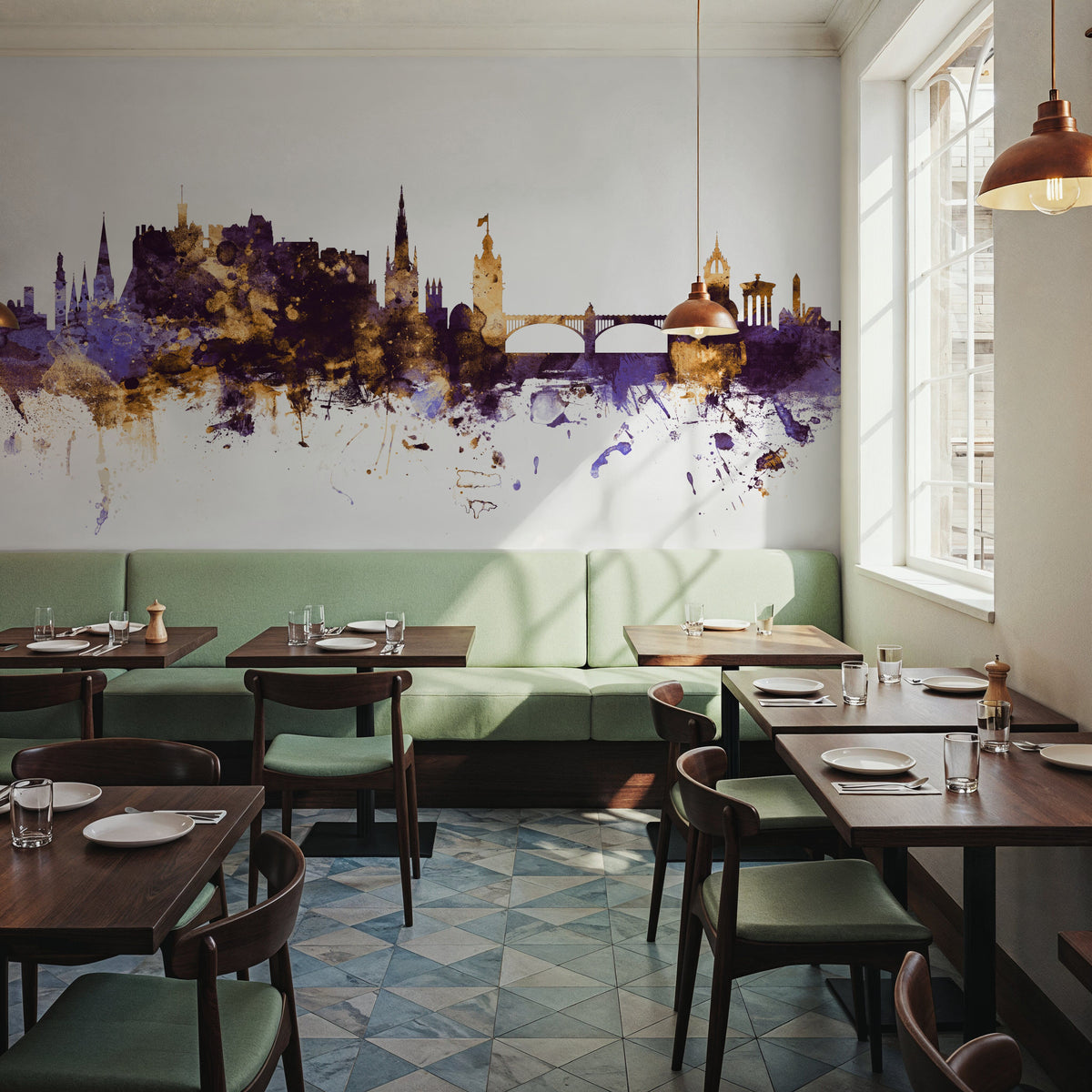 Edinburgh Scotland Skyline Purple & Gold Mural Wallpaper - room preview 03