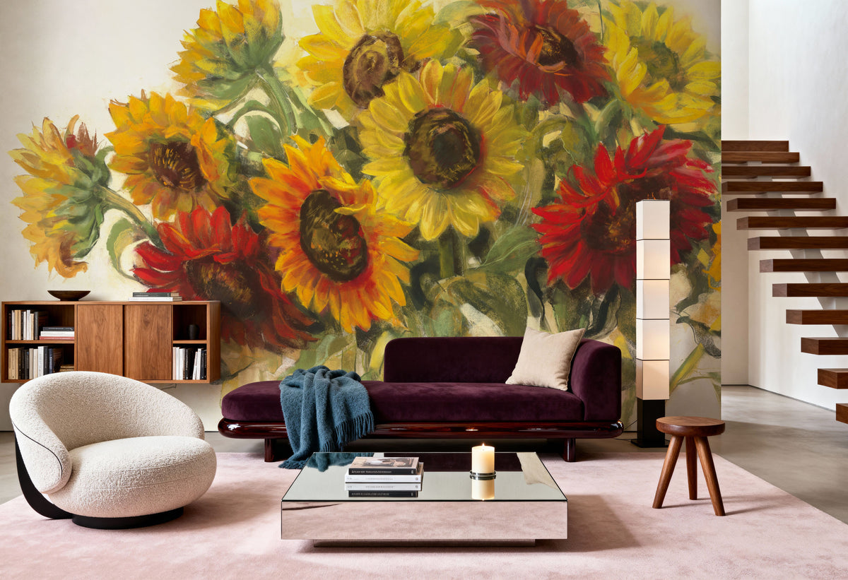 Gathering Sunflowers on White Mural Wallpaper - room preview 03