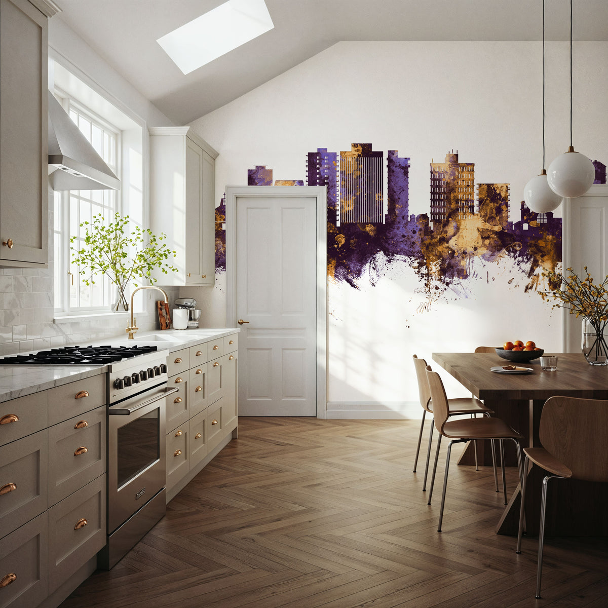San Mateo California Skyline Purple & Gold Mural Wallpaper - room preview 03