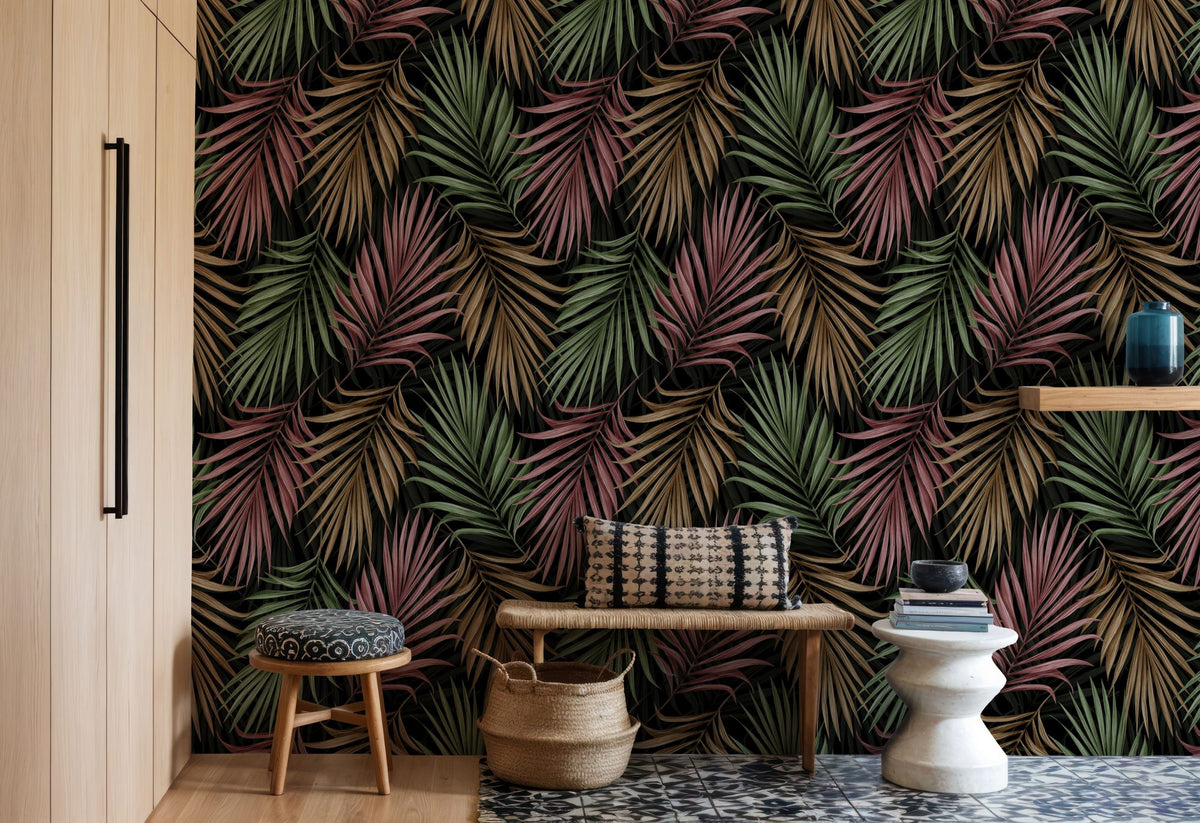 Bright Palms Pattern, Plum & Brown Mural Wallpaper - room preview 03