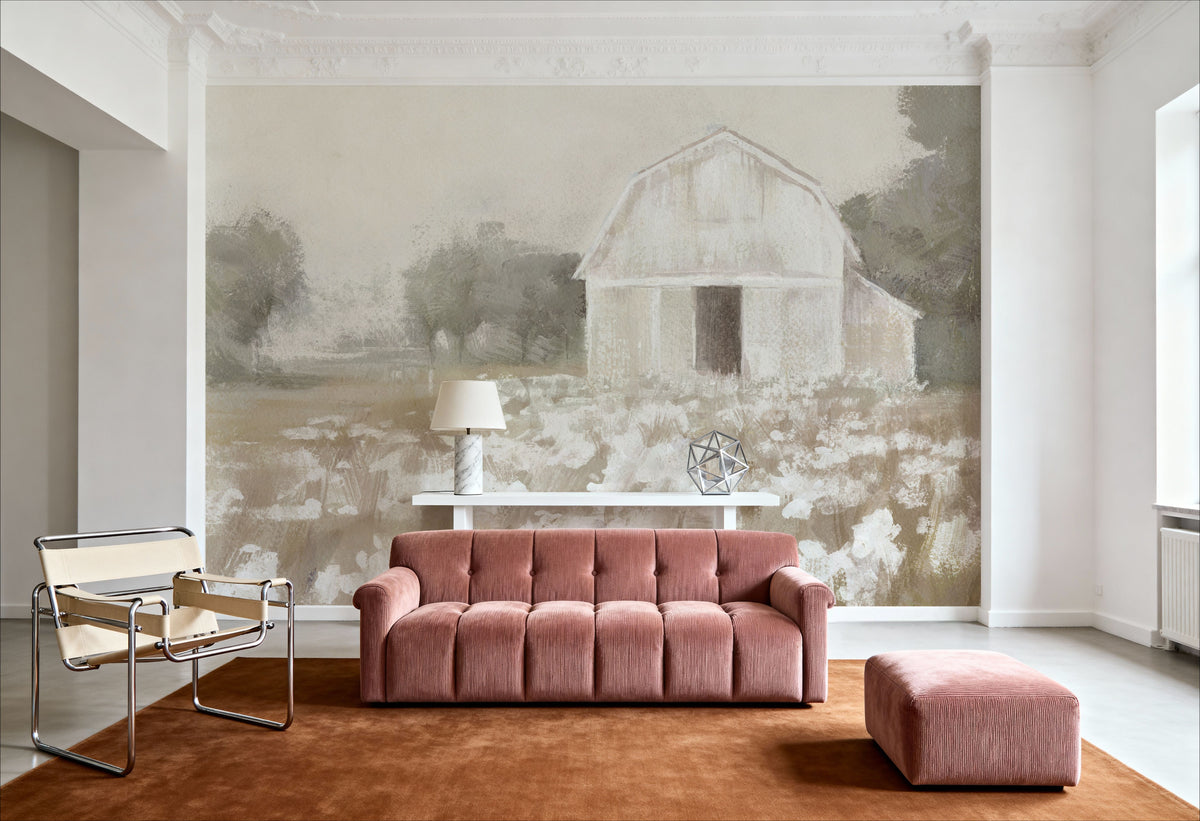 White Barn Meadow Neutral Mural Wallpaper - room preview 03
