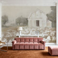 White Barn Meadow Neutral Mural Wallpaper - room preview 03