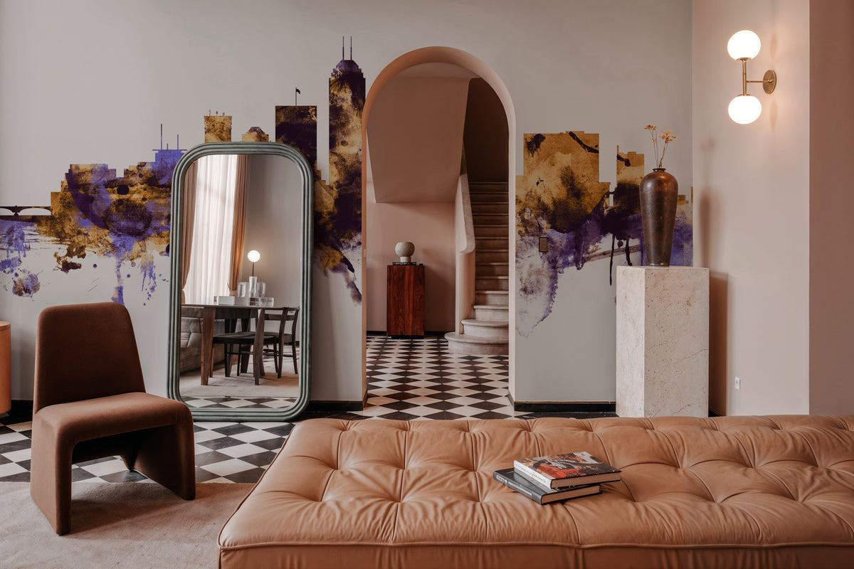 Indianapolis Indiana Skyline Purple & Gold Mural Wallpaper - room preview 03