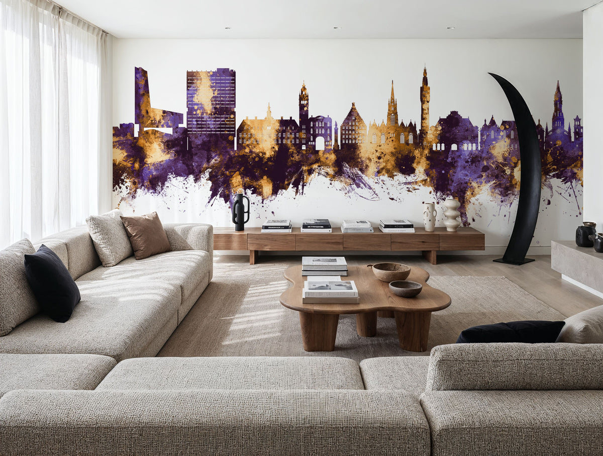 Lille France Skyline Purple & Gold Mural Wallpaper - room preview 03