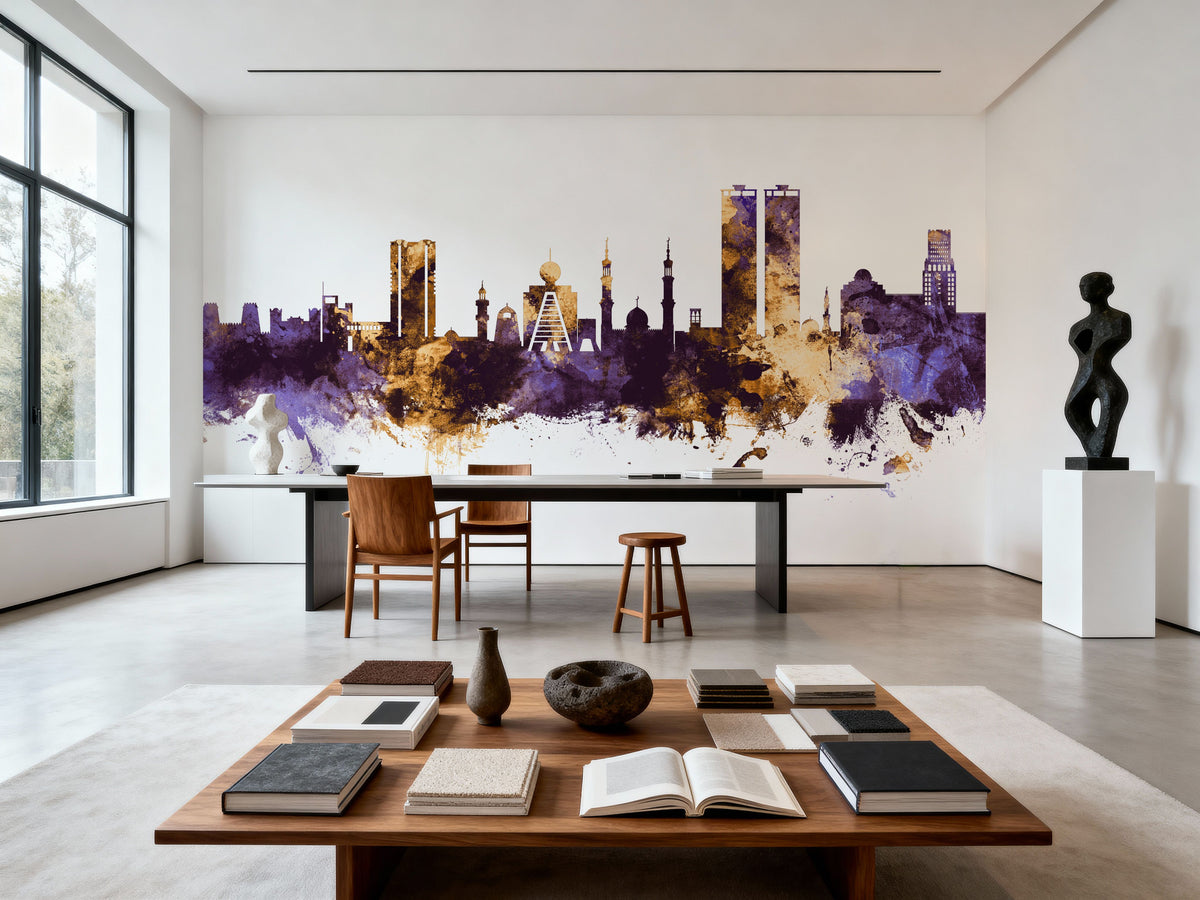 Ras Al Khaimah Skyline Purple & Gold Mural Wallpaper - room preview 03