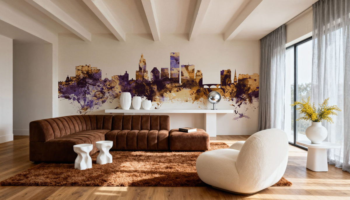 Providence Rhode Island Skyline Purple & Gold Mural Wallpaper - room preview 03