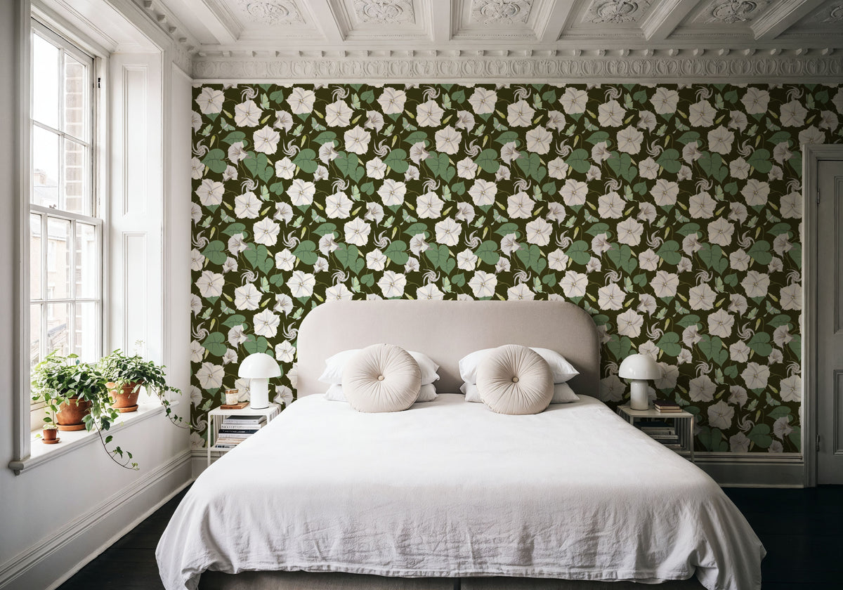 Moon Vine, Olive Green Mural Wallpaper - room preview 03