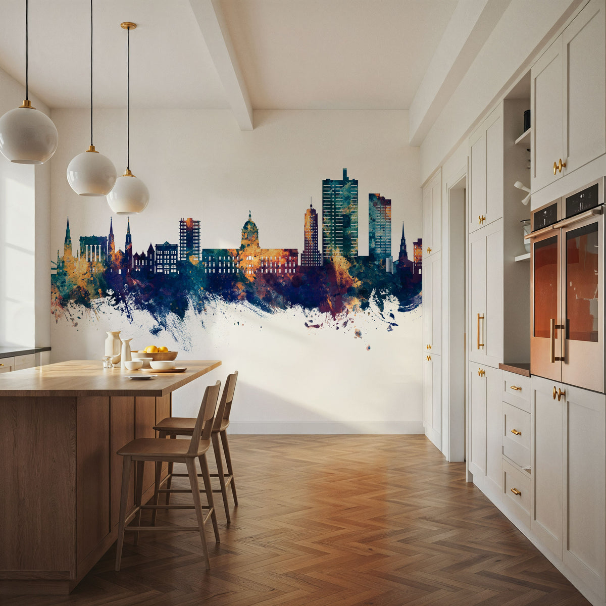 Fort Wayne Indiana Skyline Blue & Bronze Mural Wallpaper - room preview 03