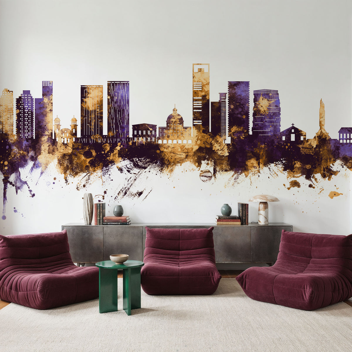 Luanda Skyline Purple & Gold Mural Wallpaper - room preview 03
