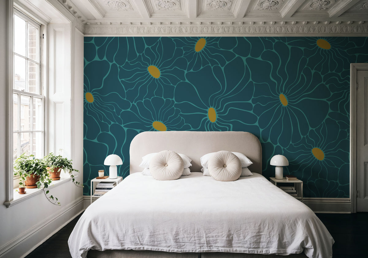 Cool Fluid Flowers Mural, Teal Mural Wallpaper - room preview 03